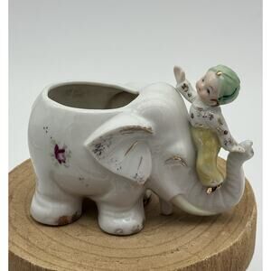 Vintage White Ceramic Circus Elephant planter 3” With Rider